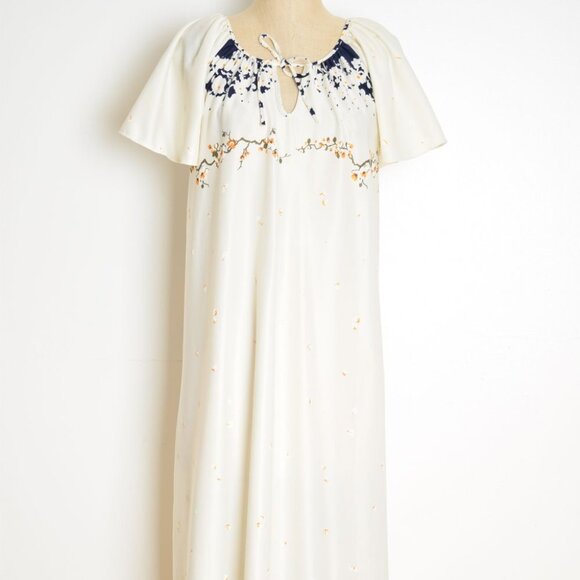 vintage 70s maxi dress cream navy floral border print caftan tent hippie boho M - Picture 3 of 11